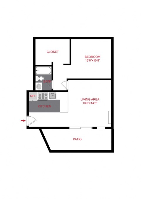 Floor plan for 1 bed, 1 bath, 680 sqft